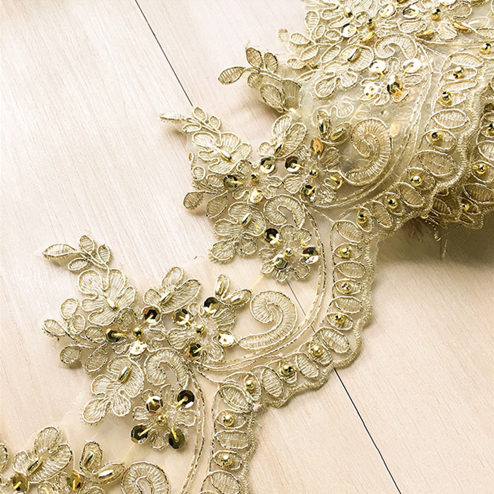 Vải Ren Thêu Đính Kim Sa Màu Vàng Đồng 1Yard Rộng 13CM Dùng May Đầm Khiêu Vũ DIY