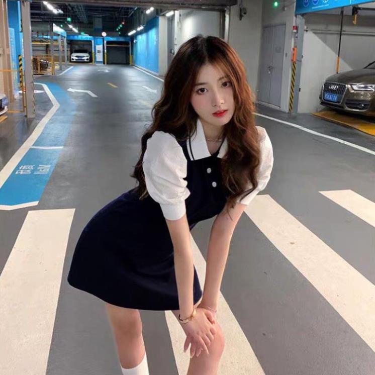 Váy đầm nữ cổ polo đen trắng cộc tay phồng dáng chư A xòe phom tôn dáng freesize ngắn | BigBuy360 - bigbuy360.vn