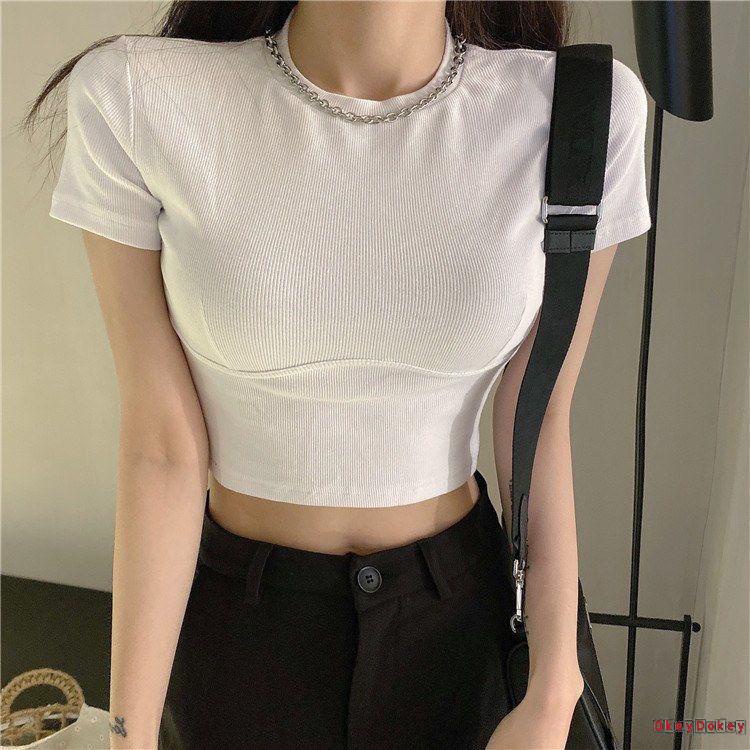 Áo Thun Croptop Tay Ngắn Cổ Tròn Màu Trơn Thời Trang Cho Nữ