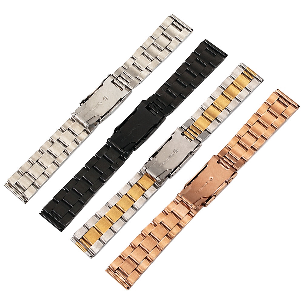 16 18 20 22 24 26 28 30 Big Size Solid Three Beads Flat Head Full Stainless Steel Wristwatch Band