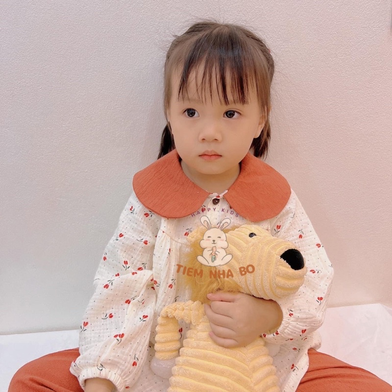 Bộ thu đông bé gái, bộ dài tay cổ sen cho bé vải xô muslin từ 5-15kg TNB