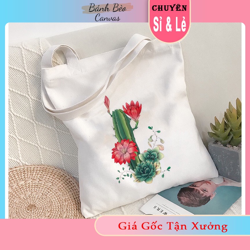 Túi tote vuông vải canvas đeo vai hoa xương rồng