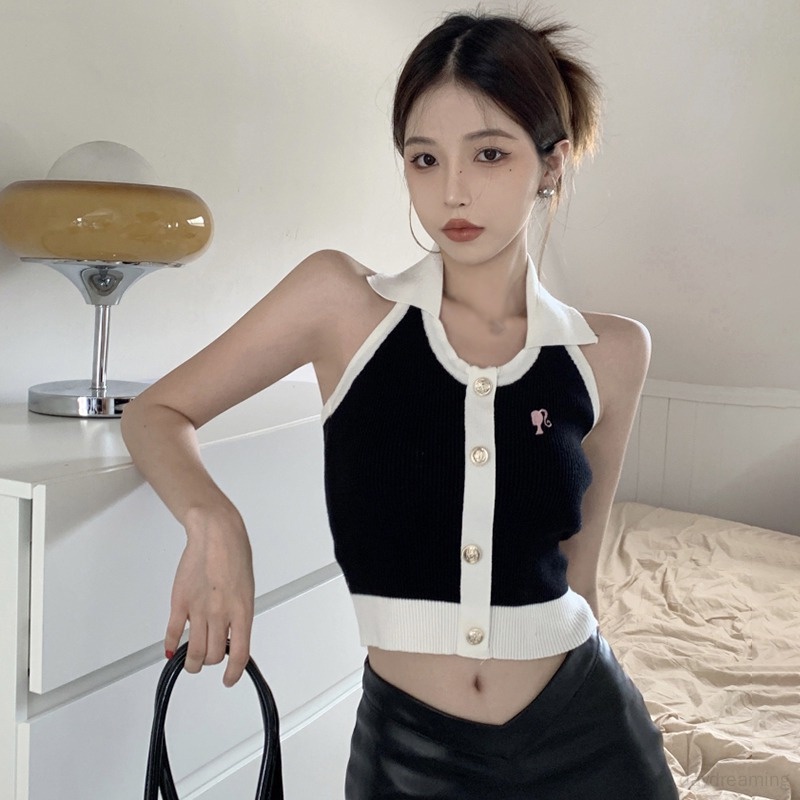 Áo Croptop Dệt Kim Cổ Tròn Dáng Ôm Màu Tương Phản Thời Trang Cho Nữ