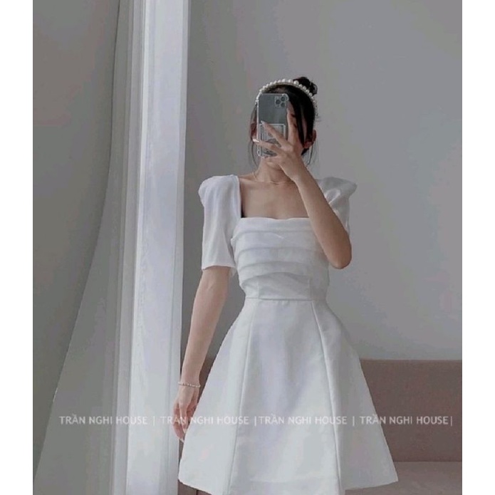 Đầm trắng dự tiệc ngực xếp li chất tacta tay voan thắt nơ sau xịn lắm