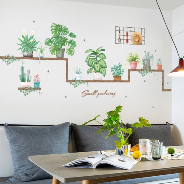 Decal trang trí tường - Những chậu hoa nhỏ trên kệ gỗ