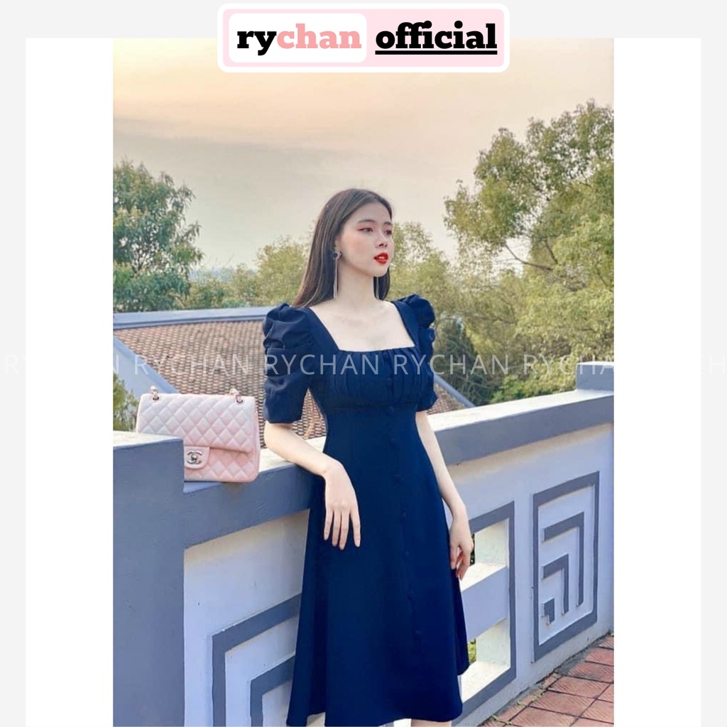 Đầm Xòe Midi Cổ Vuông Nút Bọc Tay Phồng 2 Màu [Ảnh Thật Cuối] - DX9997
