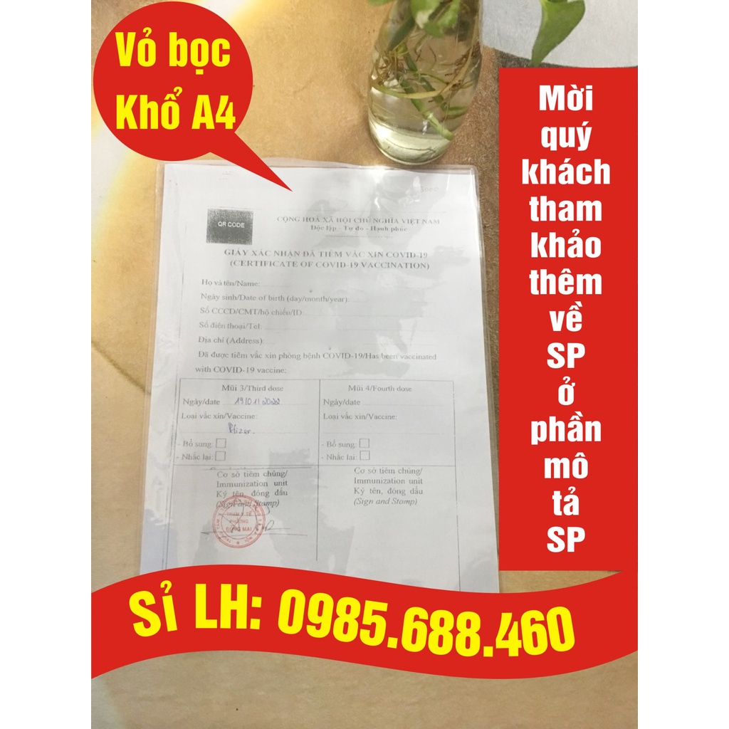 Vỏ bọc A4 - Bọc giấy khai sinh, giấy ĐK kết hôn Giấy tiêm Covid, Bằng cấp, chứng chỉ..... các loại giấy tờ khổ A4