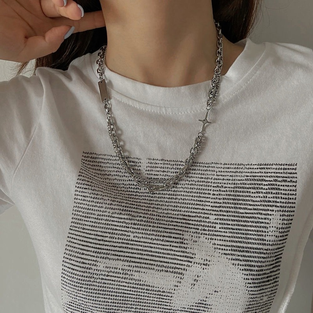 Vòng cổ Thép Titan Dày Hai Lớp Mặt Hình Học Phong Cách Hip Hop Hàn Quốc Thời Trang