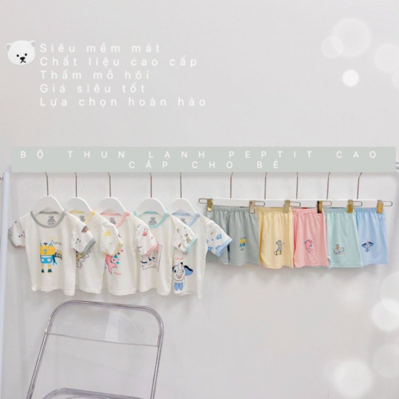 Đồ bộ cộc tay Unchi cho bé trai bé gái chất petit cài vai in hình chìm