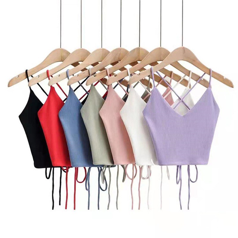 Áo 2 dây dệt kim cổ chữ V màu trơn quyến rũ
