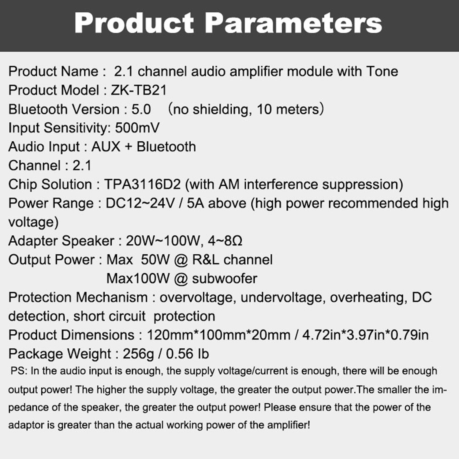Bảng mạch khuếch đại âm thanh ZK-TB21 TPA3116D2 Bluetooth 5.0 50WX2 + 100W 2.1 chất lượng cao