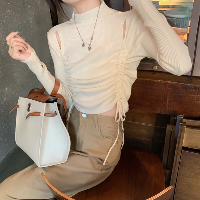 Áo dệt kim ZHELIHANGFEI tay dài cổ cao phối dây rút trẻ trung quyến rũ dành cho nữ