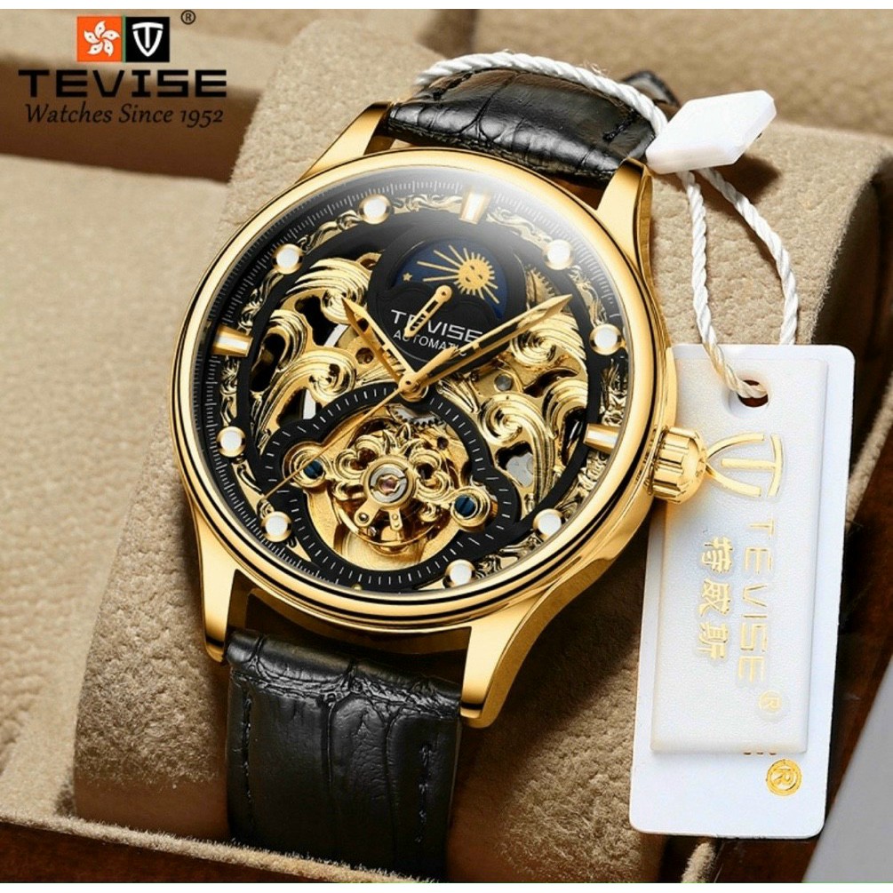 Đồng hồ cơ nam Automatic không cần pin, đồng hồ nam dây da TEVISE mẫu mã thời trang, chống nước, cao cấp