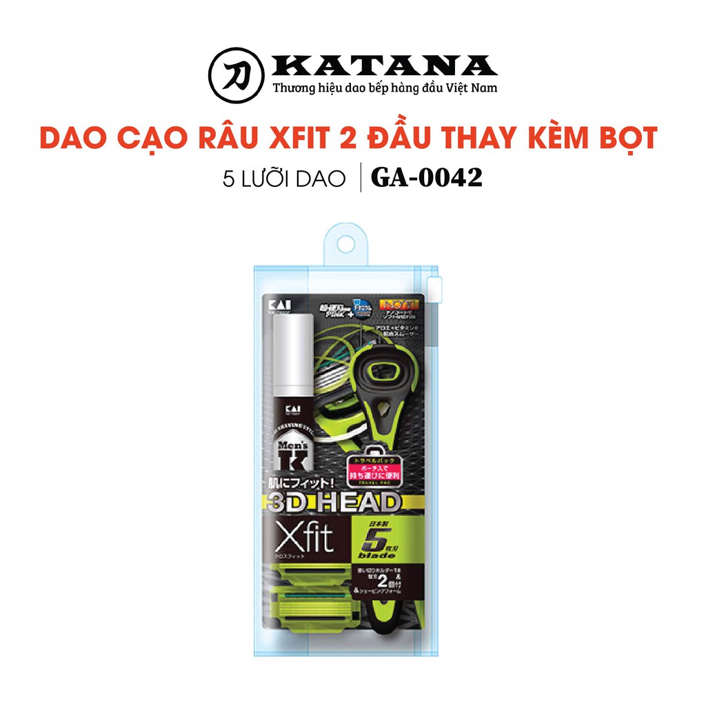 Dao cạo râu cao cấp Nhật KAI Xfit 5 blade màu xanh 2 đầu thay kèm bọt cạo râu (túi)