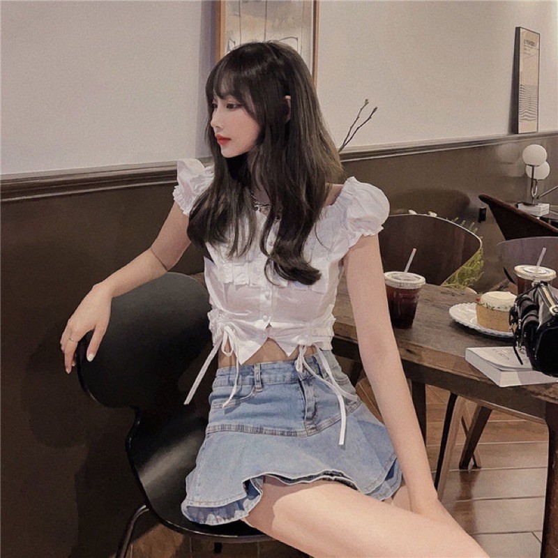 ULZZANG Chân váy jean xoè ulzzang xếp tầng hot trend 2021