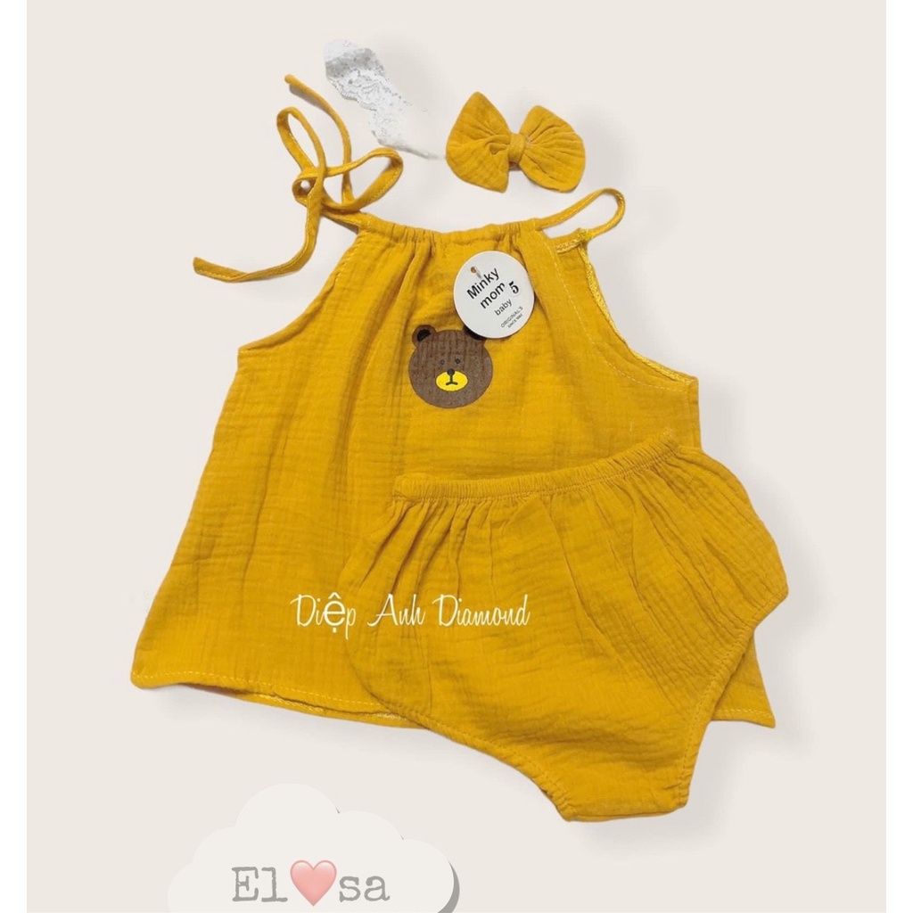 Bộ quần áo hai dây chất xô muslin thêu gấu nâu kèm Turban dễ thương cho bé gái từ 5 đến 16 kg, SUN KIDS