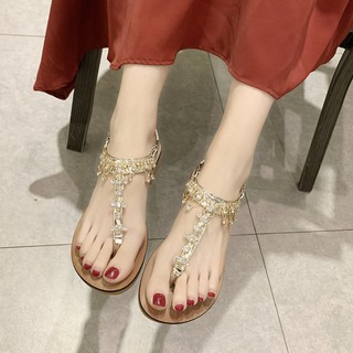 Giày Sandals Đế Bằng Siêu Mềm Đính Đá Trang Trí Sang Trọng