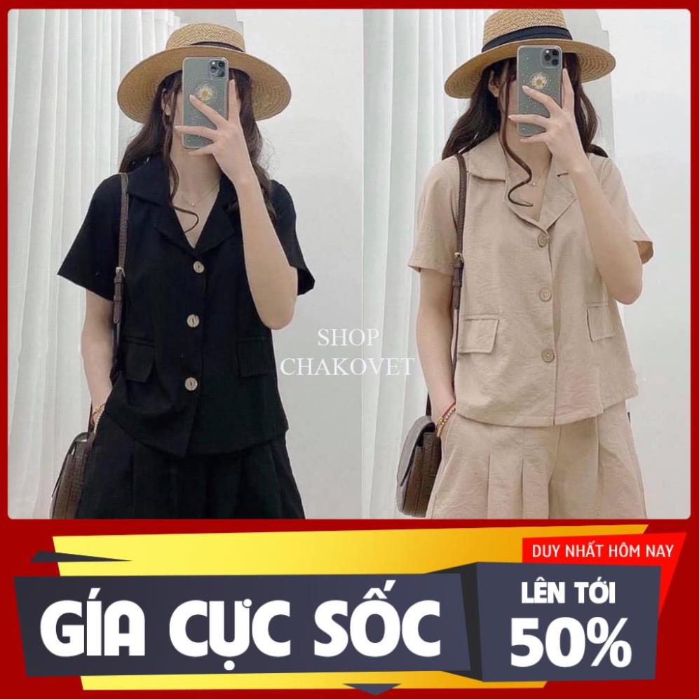 Sét đồ nữ Shop Chakovet CKS502, kiểu áo cộc tay cổ vest kèm quần đùi đũi giả váy, Set áo sơ mi nữ quần short cực xinh ཾ