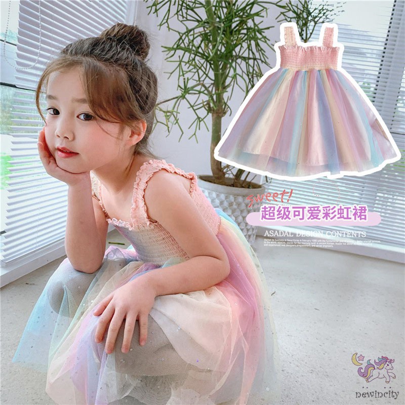 Đầm Xòe Công Chúa Hai Dây Màu Cầu Vồng Thời Trang Đáng Yêu Cho Bé