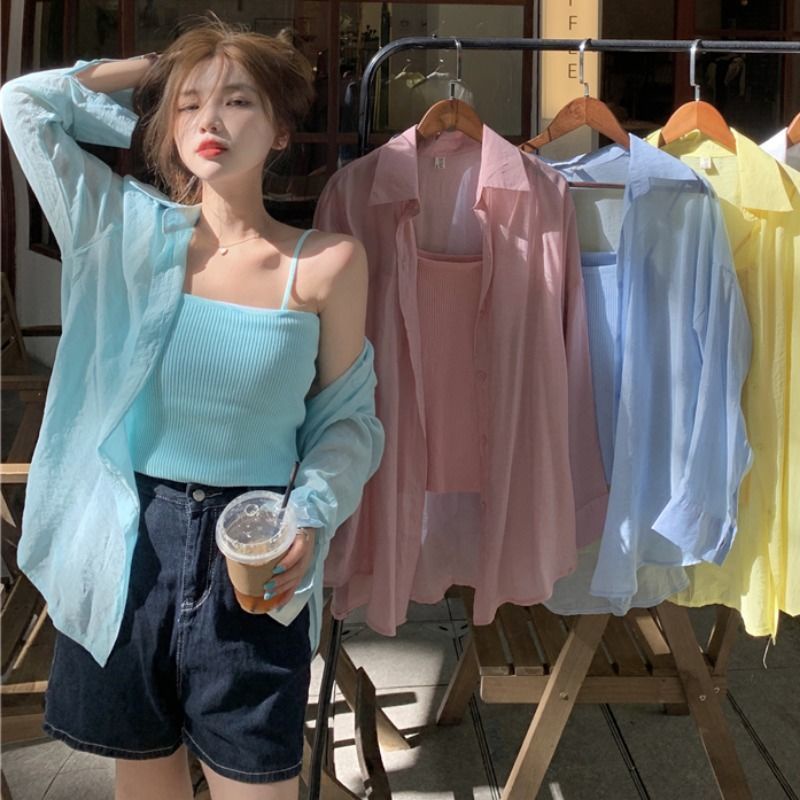 Set đồ COZOKC gồm áo sơ mi tay dài màu đơn giản phối áo hai dây màu trơn thời trang