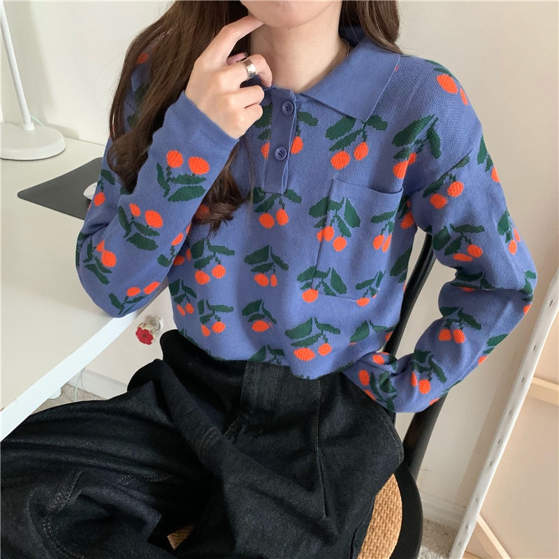 Áo kiểu PURE CUBE dệt kim tay dài dáng rộng cổ polo in họa tiết quả cherry phong cách Hàn Quốc xinh xắn cho nữ