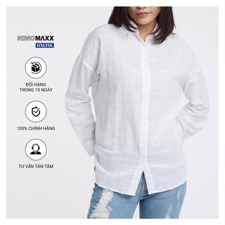 Áo Sơ Mi Nữ tay dài cổ bẻ Ninomaxx sọc caro trắng có họa tiết thân sau 100% cotton mã 1911079