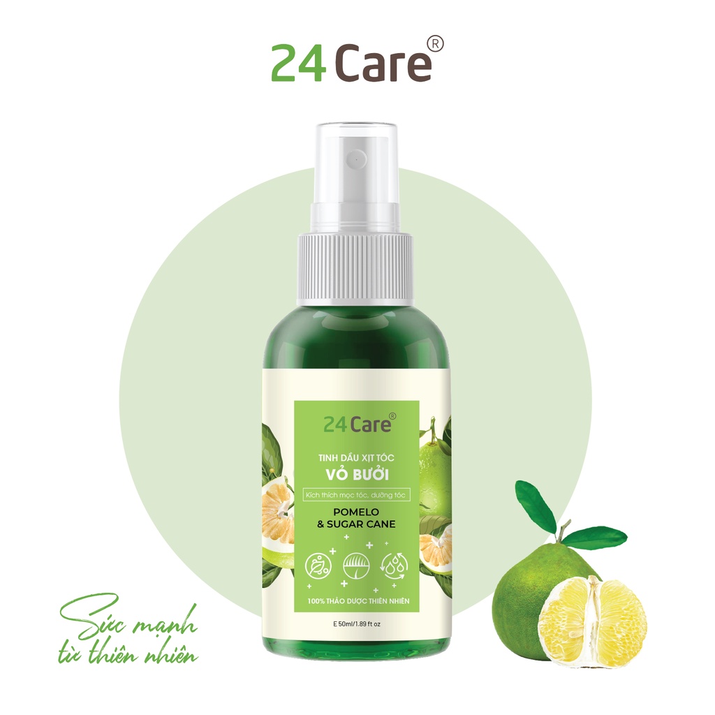 Xịt dưỡng tóc tinh dầu Vỏ Bưởi 24Care 50ml - Ức chế melanin, chống bạc tóc, gãy rụng, cho tóc óng ả