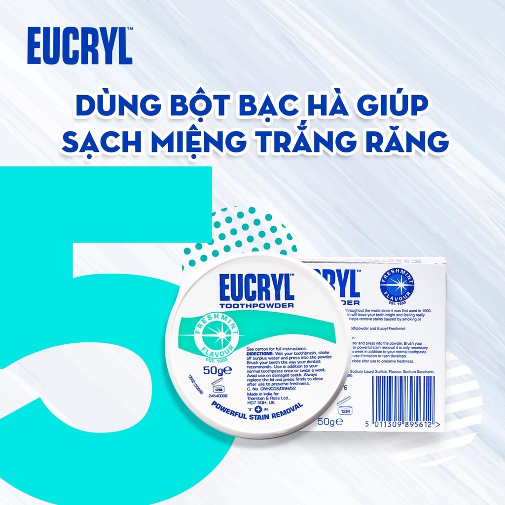 Bột Trắng Răng Bạc Hà Giúp Sạch Miệng , Hơi Thở Thơm Mát Eucryl Toothpower 50g