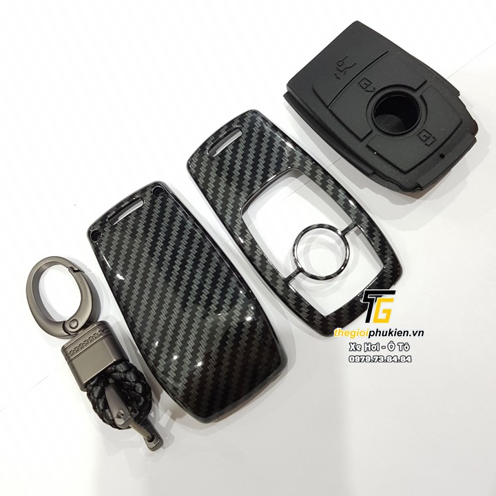 Bọc khóa carbon bảo vệ chìa khóa xe Mercedes GLC, C, E - Class 2020 kèm móc đeo INOX