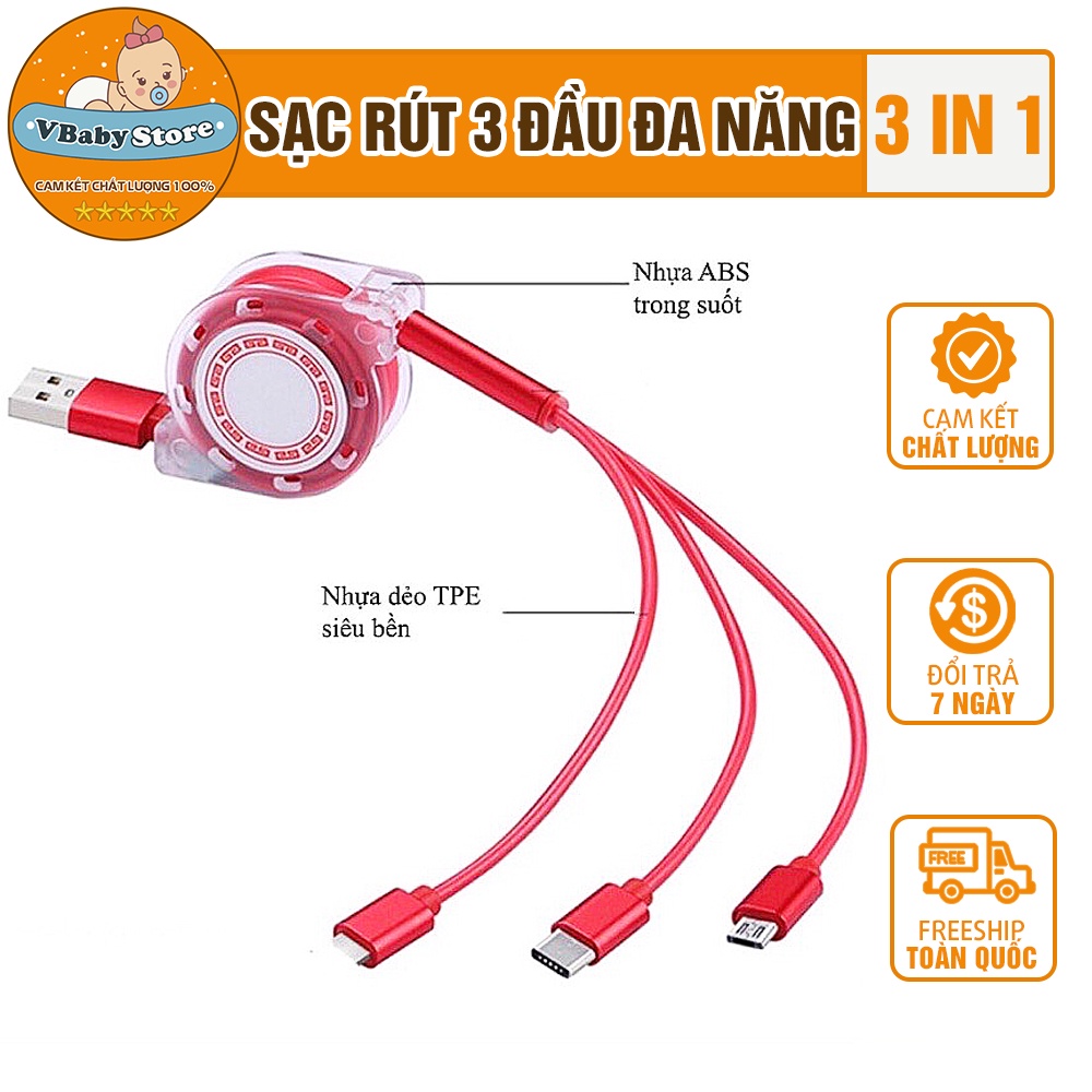 Cáp sạc điện thoại -Dây sạc điện thoại 3 đầu thiết kế dây rút tiện lợi