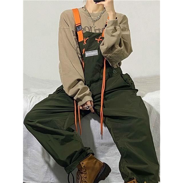 Bộ Áo Liền Quần Dáng Rộng Màu Xanh Lá Quân Đội Mỹ Phong Cách Đường Phố Nhật Bản Thời Trang Xuân Thu Cho Nam