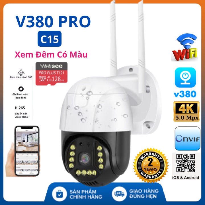 Camera wifi camera ngoài trời chống nước V380 PRO 5.0 mpx C15 HD camera 360 quay đêm có màu, 2K 2560 x 1920p -BH 2 năm