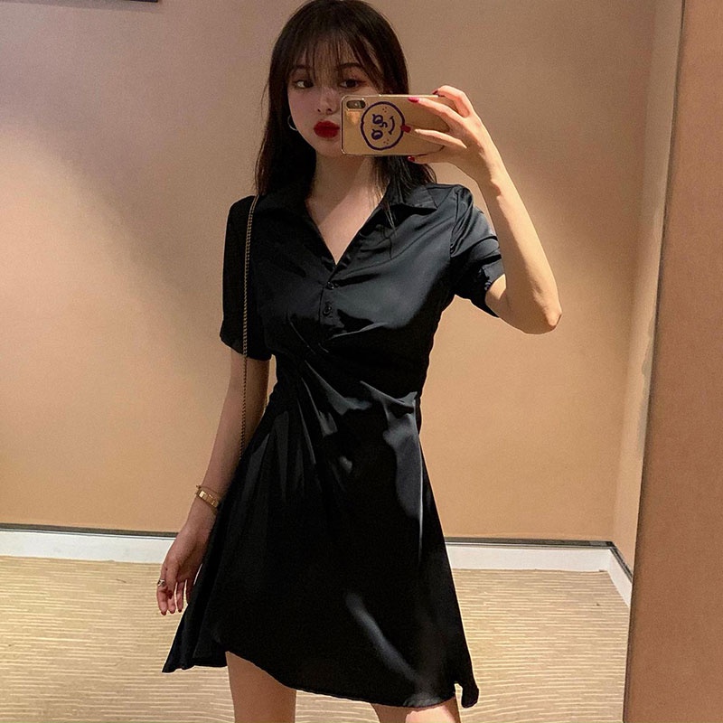 Đầm XINLANYASHE ôm cổ chữ v tay ngắn màu đen quyến rũ thời trang cho nữ