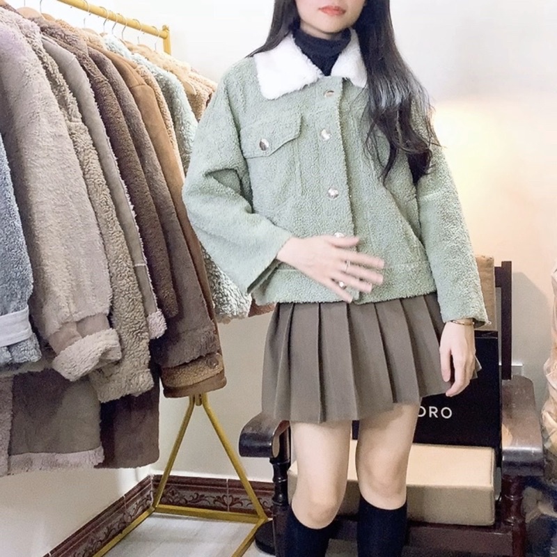 Áo Khoác Da Lộn Lông Cừu Xanh Mint - Cổ Lông