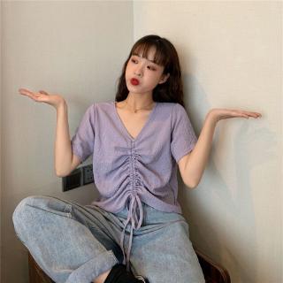 XJ-Áo Thun Nữ Ngắn Tay Cổ Chữ V Thời Trang Hàn