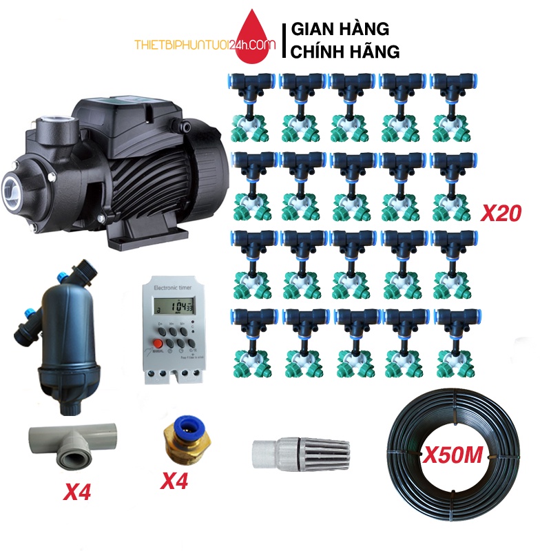 Trọn bộ tưới phun sương vườn lan vườn cây cảnh tự động hẹn giờ tưới 20 béc phun 4 hướng cho vườn diện tích 30 40m2 - MHL