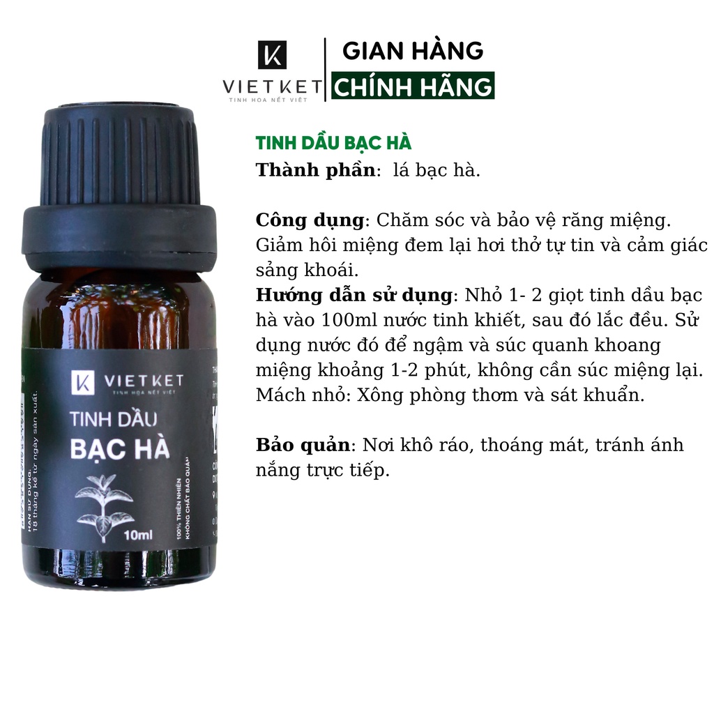 Tinh Dầu Bạc Hà VIET KET Giúp Giảm Hôi Miệng, Sâu Răng, Chăm Sóc Và Bảo Vệ Răng Miệng 10ml