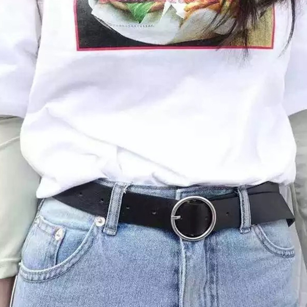 Thắt lưng da khóa kim loại tròn phong cách vintage dành cho nữ