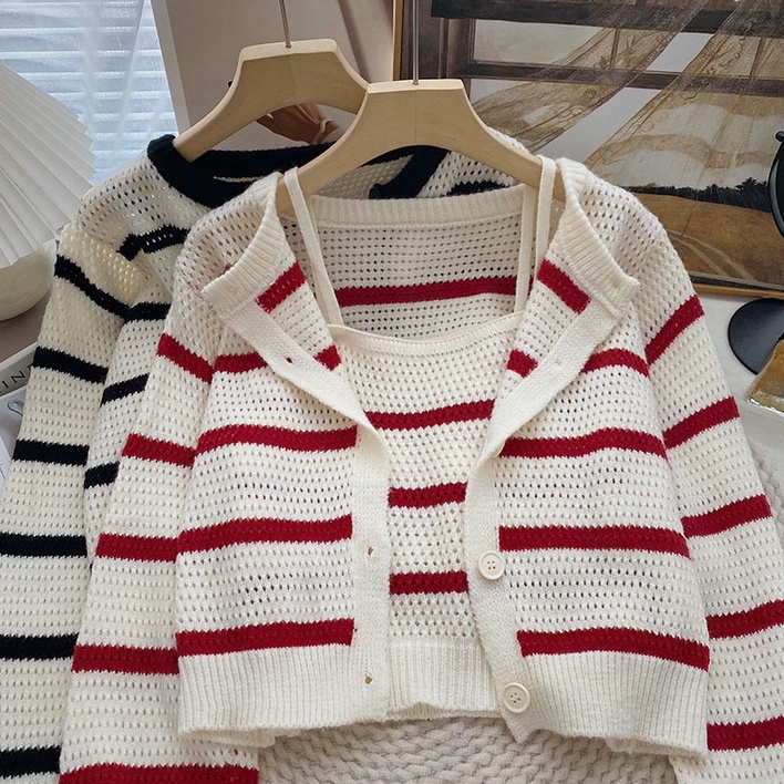 NUZIRO Set đồ  gồm áo hai dây và áo khoác cardigan tay dài dệt kim họa tiết kẻ sọc phong cách Hàn Quốc thời trang cho nữ