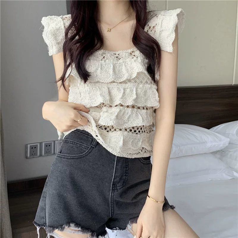 Áo Ren Cổ Vuông Hở Xương Quai Xanh Ôm Sát Quyến Rũ Thời Trang Hè Phong Cách Mới Cho Nữ