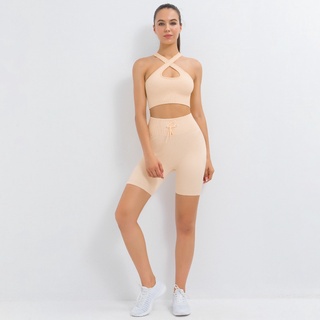 Set Nữ Dệt Kim Đồ Tập Yoga Bộ Đồ Tập Gồm Áo ngực chéo+Quần short dây rút，Thời Trang Độ Co Giãn Đồ Tập Thể Dục