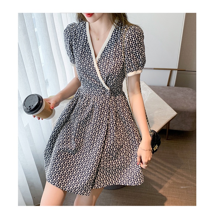 Đầm PERTY chiffon tay ngắn phồng cổ chữ V họa tiết hoa thời trang mùa hè 2022 mới dành cho nữ