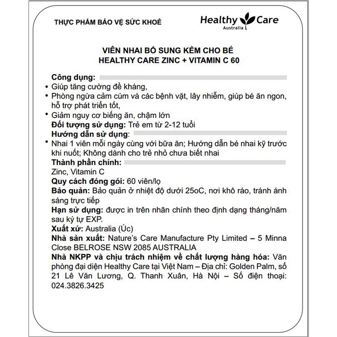 Combo 2 hộp Viên Nhai Healthy Care Kids Chewable Vị Dâu Bổ Sung Kẽm Và Vitamin C Cho Bé (60 Viên)