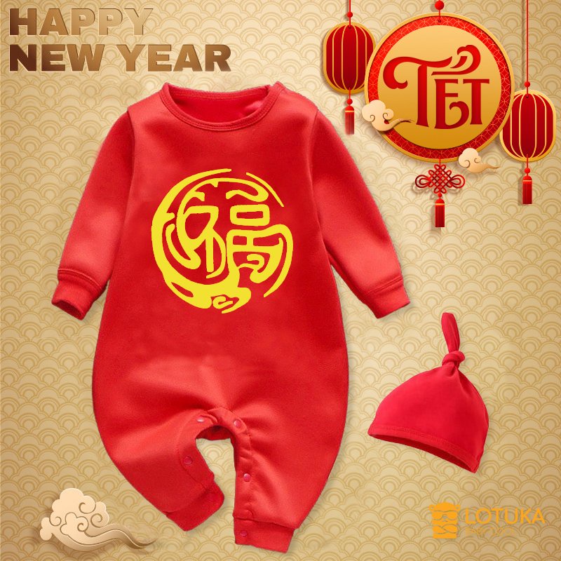 Body Buộc Dây dài tay Tết, Tài lộc mẫu Quần áo trẻ em Trắng Viền Đỏ chất cotton mền mịn cho bé trai bé gái từ 0-12 tháng