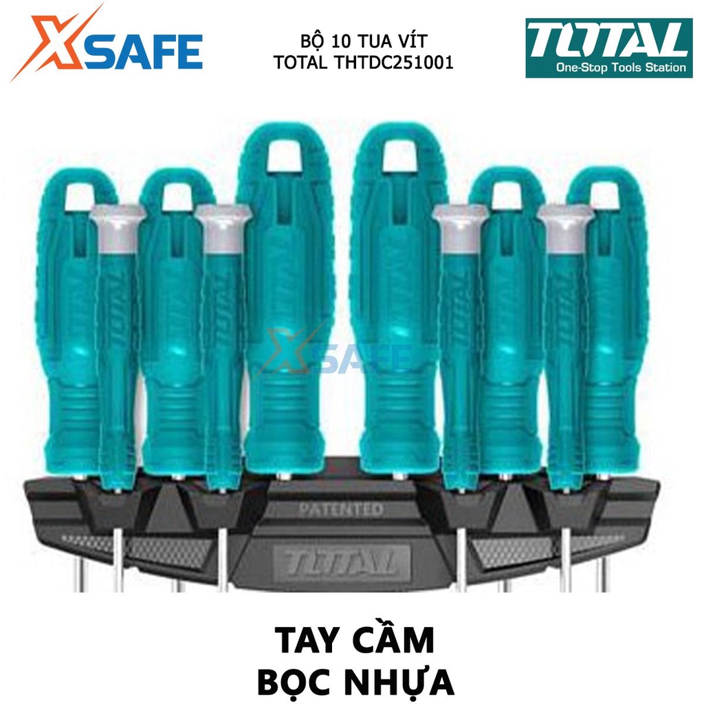 Bộ tuốc nơ vít đa năng 10 chi tiết TOTAL THTDC251001 | Bộ tua vít dẹp, bake, sao và tua vít chuẩn chất liệu thép CR-V