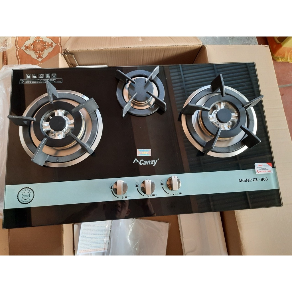 Bếp gas âm Canzy CZ-863 - Bếp gas âm 3 lò, Đánh lửa IC , Cảm ứng ngắt Gas tự động, Bảo Hành 3 Năm