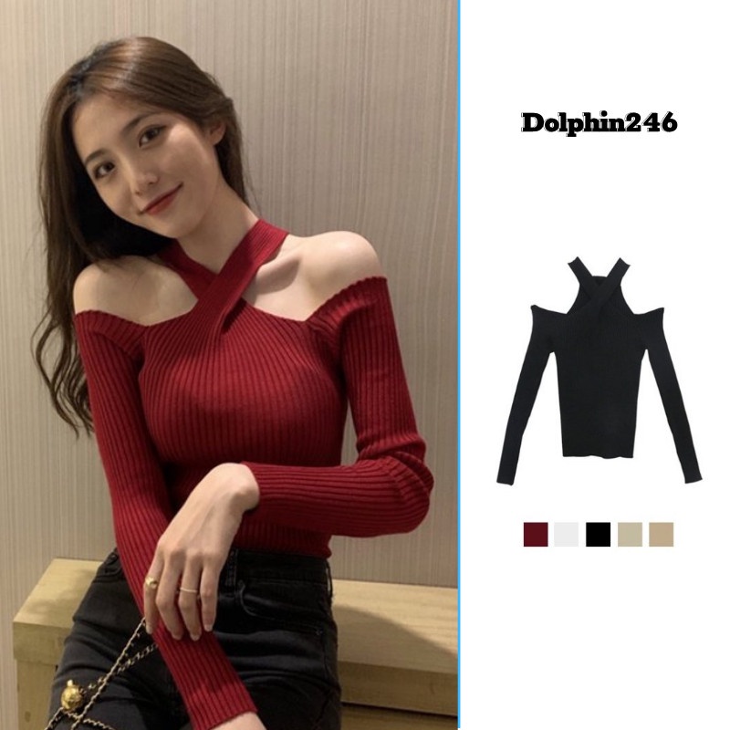 Xiaozhainv Áo croptop dệt kim tay dài trễ vai màu sắc thời trang cho nữ