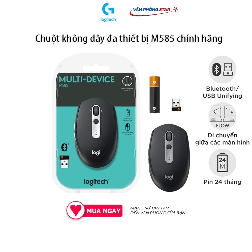 Chuột không dây đa thiết bị Logitech M585 kết nối USB + Bluetooth, pin đến 24 tháng tương thích Windows + macOs + iPadOS