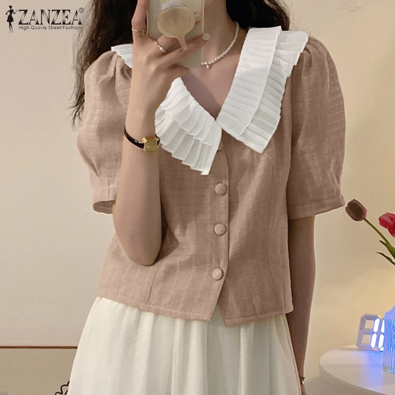 Áo kiểu ZANZEA tay ngắn cổ búp bê màu tương phản phong cách Hàn Quốc thời trang cho nữ