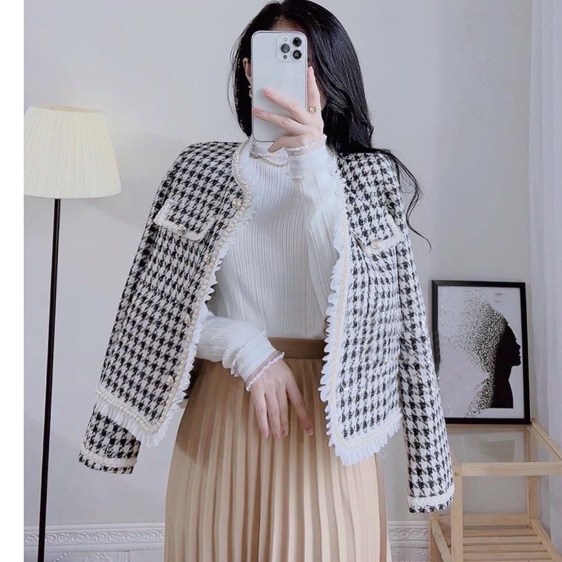 Áo khoác dạ nữ hàn quốc mùa thu đông dáng dài tay họa tiết đính viền ngọc 2 lớp Áo dạ tweed nữ tiểu thư kẻ có túi xinh